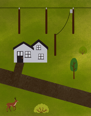 Graphic design of a house with power lines