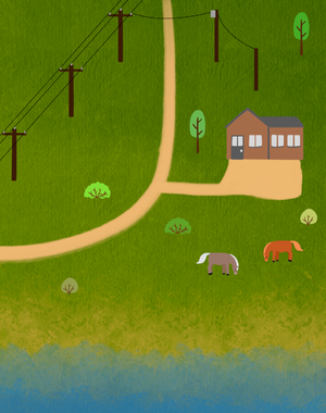 Graphic design of a house with power lines