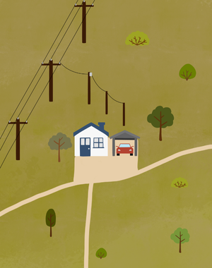 Graphic design of a house with power lines