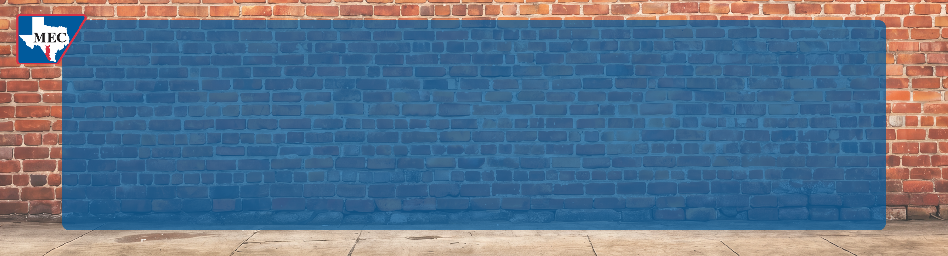 Background of brick wall with a blue box overlay and Medina EC logo in top left corner